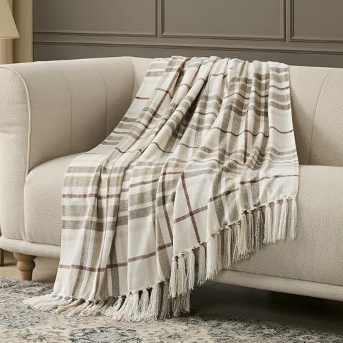 EverGrace Plaid Chenille Queen Blanket for Bed, 90"x90", Beige - color: Plaid Beige & White, size: 90"x90"