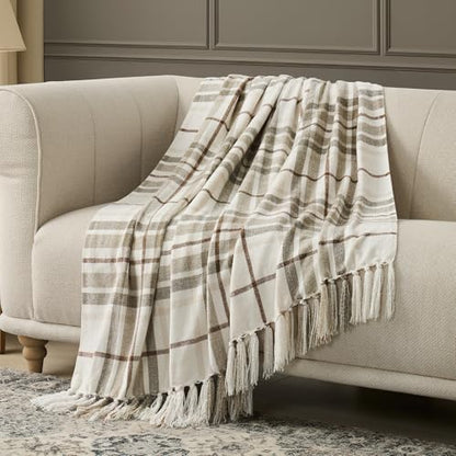 EverGrace Plaid Chenille Queen Blanket for Bed, 90"x90", Beige - color: Plaid Beige & White, size: 90"x90"
