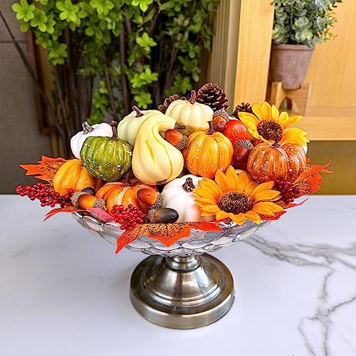 Winlyn 60 Pcs Assorted Small Artificial Pumpkins and Gourds with Acorns Pinecones Maple Leaves Sunflowers Fall Harvest Decoration Set for Thanksgiving Halloween Bowl Filler Table Centerpiece Wreaths