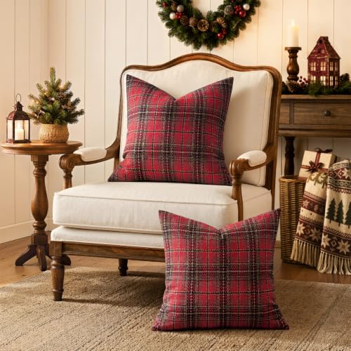 MIULEE Tartan Plaid Throw Pillow Covers Christmas 18x18 Inch Red - color: Red, size: 18" x 18" (Pack of 2)