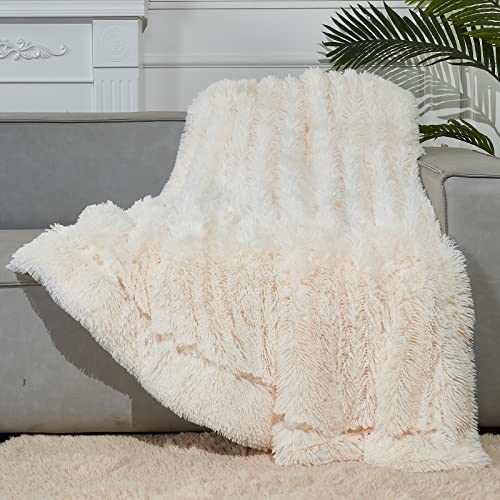 GONAAP Fuzzy Faux Fur Throw Blanket for Couch, Ivory, 50"x60" - color: Ivory, size: Throw(50"x60")