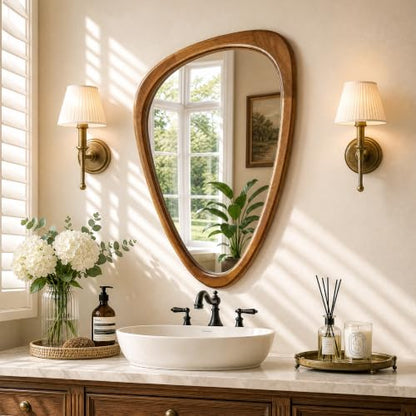 30" x 20" Asymmetrical Mirror, Solid Wood Frame, Irregular Design - color: Brown, size: 30"L x 20"W