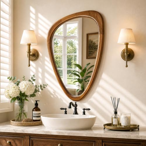 30" x 20" Asymmetrical Mirror, Solid Wood Frame, Irregular Design - color: Brown, size: 30"L x 20"W