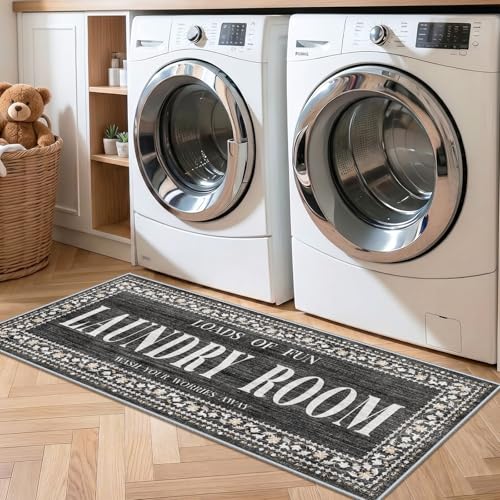 Non-Slip 20"X48" Laundry Room Rug: Vintage Washable Runner Rug for Laundry Room - Stain Resistant Durable Washroom Bathroom Carpet - Low Pile Ultra Soft Floor Mat Farmhouse Home Decor 20"x48" Black - color: Black, size: 1'8" x 4' (Rectangular)