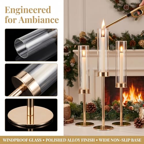 Gold Hurricane Candle Holders Set of 3, Tall Metal Windproof Glass Taper Candle Holder for Candelabra Centerpieces for Dining Table, Wedding, Party & Fireplace Mantel Decor