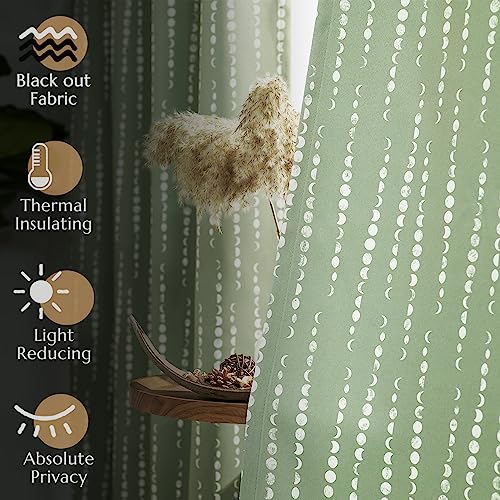 jinchan Boho Blackout Curtains 63 Inch Length Moon Phase Printed Drapes - color: Luna | Sage Green, size: 52"W x 63"L (Pack of 2)