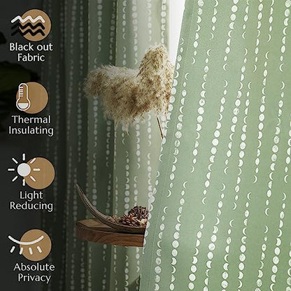 jinchan Boho Blackout Curtains 63 Inch Length Moon Phase Printed Drapes - color: Luna | Sage Green, size: 52"W x 63"L (Pack of 2)