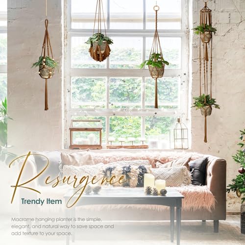 Macrame Plant Hanger Indoor Set of 4, Bohemian Hanging Planter with Tassels - color: Dark Brown