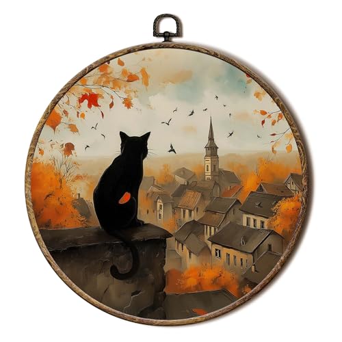 FSTCSV Cozy Fall Black Cat Round Wall Art Framed, Autumn Town Black Cat Canvas Prints Wall Hanging Art, Rustic Fall Landscape Kitty Kitten Circle Walls Decor for Home Bedroom, 10x10in - color: color-4