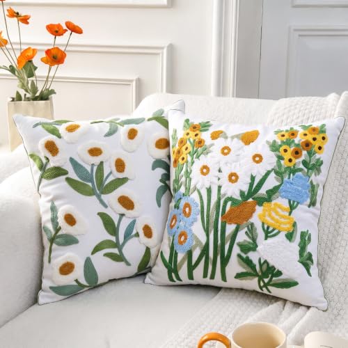 Green Daisy Floral Embroidered Spring Throw Pillow Cover 18"x18" Set of 2 - color: Floral Green