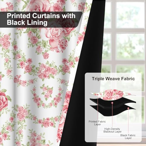 Pink Rose Spring Curtains for Girls Bedroom, Cute Floral Blackout Curtains for Bedroom and Nursery, Room Darkening Thermal Living Room Bedroom Curtains 84 Inch Length 2 Panels Set with Tiebacks - color: Pink Roses