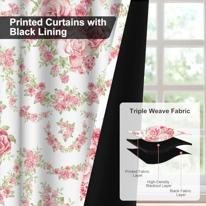 Pink Rose Spring Curtains for Girls Bedroom, Cute Floral Blackout Curtains for Bedroom and Nursery, Room Darkening Thermal Living Room Bedroom Curtains 84 Inch Length 2 Panels Set with Tiebacks - color: Pink Roses