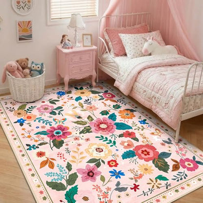 RELEANY Floral Washable 5x8 Area Rugs Pink - color: Pink, size: 5' x 8' (Rectangular)