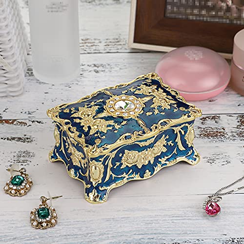 Hipiwe Small Vintage Jewelry Box, Enameled Trinket Box Organizer for Women - color: Blue, size: Small