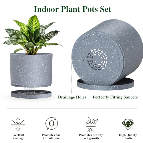 Plant Pots, 10/9/8 Inch 3 Pack Cylindrical Flower Pots with Drainage Holes and Saucers, Plastic Planters for Outdoor Indoor Plants,Grey with White Speckles - color: Grey With White Speckles