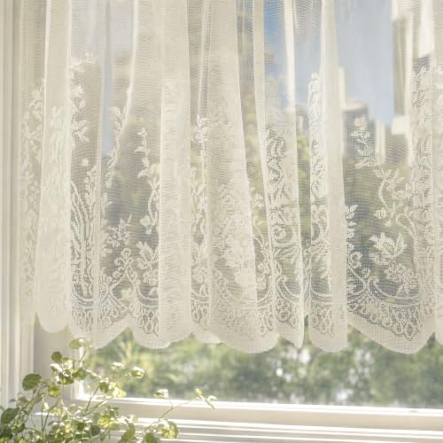 Molaxhome Kitchen Curtains Valance Beige Lace Floral Semi Sheer Curtain - color: Beige, size: 54"W x 35"L (Pack of 1)