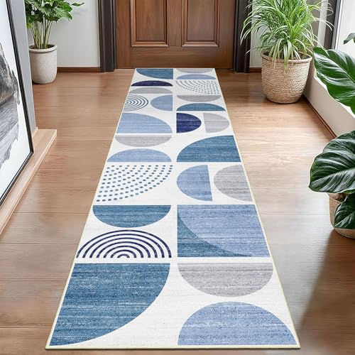 MUJOO Runner Rug Washable,Blue 2x8 Area Rugs Non Slip Modern Abstract - color: Blue and Grey, size: 2' x 8' (Rectangular)