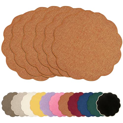 AHHFSMEI Round Scalloped Placemats Set of 6 15 Inch Faux Linen - color: Burnt Orange