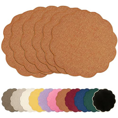 AHHFSMEI Round Scalloped Placemats Set of 6 15 Inch Faux Linen - color: Burnt Orange