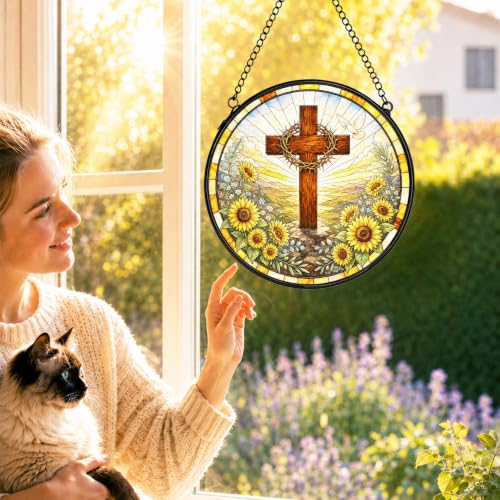 Sunflower Christian Stained Glass Window Hanging Decorations 7.9x7.9 - color: Crucifix-5