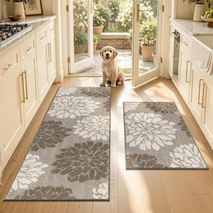 Findosom Kitchen Rugs Sets of 2, Floral Washable Kitchen Runner Rug, Brown - color: Brown, size: 24" x 36" + 24" x 71"