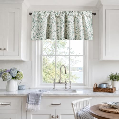 VOGOL Willow Leaf Print Window Valance - 52" W x 18" L Rod Pocket Kitchen Curtain Valances, Vintage Blue Farmhouse Decor, 1 Panel for Living Room Bedroom - color: Blue, size: 52"W x 18"L (Pack of 1)