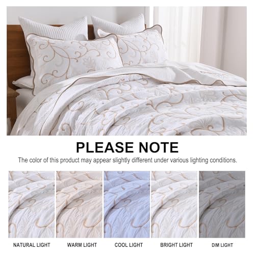 100% Cotton Oversized Bedspread Quilt Coverlet Set, 128"x120" - color: White/Beige-gold, size: Extra Wide Super King(128"x120")