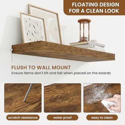 Floating Shelves for Wall, Wall Mounted Wood Shelves, Brown, Set of 2, 24in - color: Rustic Brown, size: 24"W x 6.5"D , 2 Pack