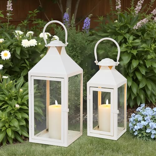 JHY DESIGN Set of 2 Cream Decorative Lanterns 17.5inch&13.5inch Metal Candle Lanterns for Indoor Outdoor Events Paritie and Weddings Vintage Style Hanging Lantern - color: Cream