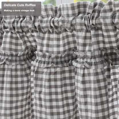 Silnuo 2 Pack Gray/White Plaid Gingham Ruffle Window Valance 26" W x 36" L - color: Grey/White, size: 26"W x 36"L (Pack of 2)