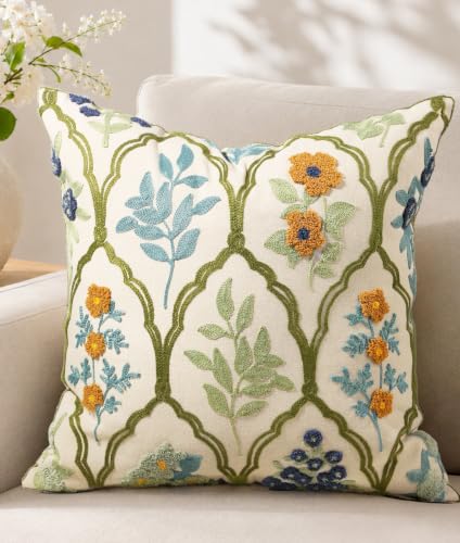 Embroidered Floral Throw Pillow Cover 18x18 Inch, Verdant Blooms - color: Verdant Blooms, size: 18" x 18" (Pack of 1)