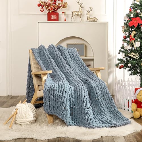 WESHIONGOO Chunky Knit Blanket Throw for Couch Bed 51"×63" Dusty Blue - color: Dusty Blue, size: 51"x63"(Large Size Throw)