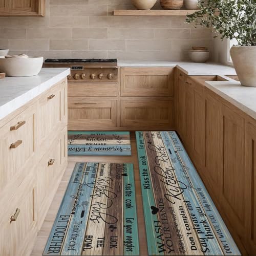 Farmhouse Kitchen Rug Sets of 3 Piece Non Slip Kitchen Rugs and Mats Washable Kitchen Mats for Kitchen Floor Mat Carpet Runner Rugs for Hallway Laundry Decor 17"x30"+17"x47"+17"x59" - color: Green-brown-blue, size: 17" x 30" + 17" x 47" + 17" x 59" (Set o