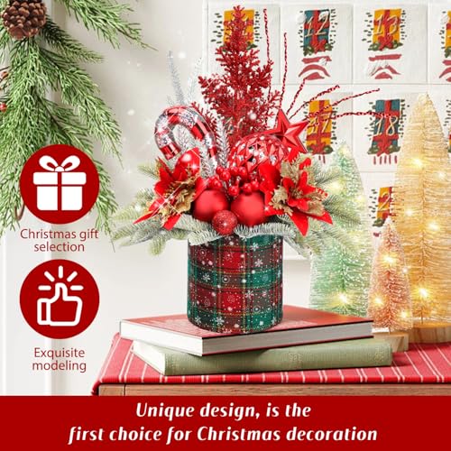 Small Christmas Tree Tabletop Artificial Mini Christmas Tree Decorations with Holiday Ornaments Red Berry Pine Cone Greenery for Home Indoor Fireplace Mantel Xmas Decor (Large-Round-Red) - color: Large-round-red