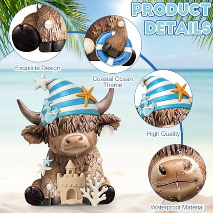 Karenhi 2 Pcs Beach Highland Cow Figurines, Ocean Resin Statues - style: Ocean