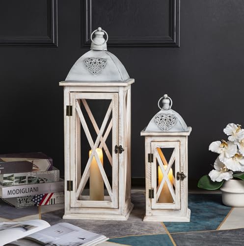 Set of 2 Large Farmhouse Wooden Metal Lanterns, Rustic Decorative Floor Candle Lanterns, Whitewash Distressed Hanging Lanterns for Home Decor (No Glass) - color: Heart - Whitewash