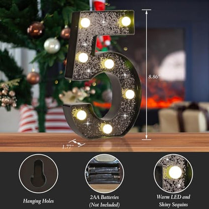 Black Glitter LED Marquee Number 5, Warm White Light Decor Sign - size: Number-5