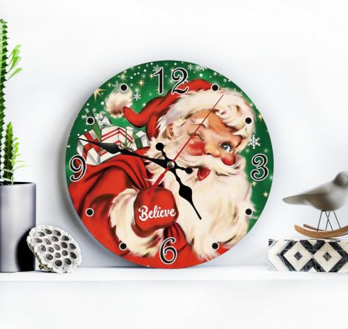 Vintage Santa Claus Silent Non Ticking Wall Clock 12 Inch, Battery Operated, Christmas Green Round Wood Wall Clocks, Decorative for Living Room, Kitchen, Bedroom, Bathroom, Dining Room, Gifts - color: Vintage Santa Claus-christmas Green