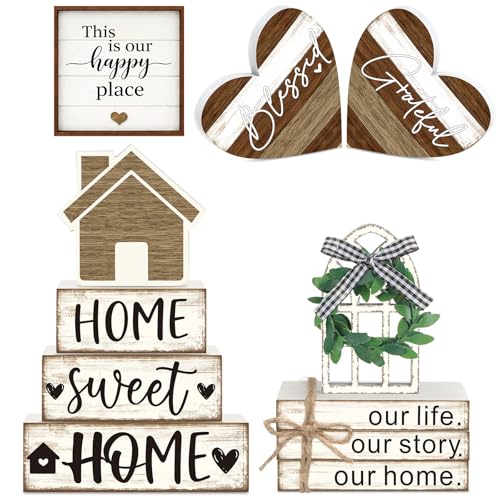 11 Pcs Farmhouse Table Decorations Farmhouse Tiered Tray Decor Set Stack Signs Wooden Heart Rustic Sweet Home Tiered Tray Decor for Kitchen Table Shelf - style: Farmhouse