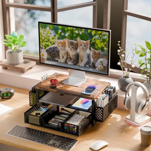 Simple Trending Monitor Stand with Drawer, 2-Tier Laptop Stand, Wood - color: Wood