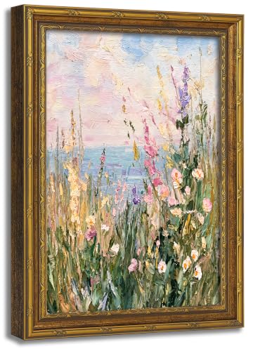 Vintage Gold Framed Canvas Wall Art 12×16 Inch Wildflower Meadow Picture Poster Pastel Wall Decor for Living Room Bedroom Farmhouse Home Decoration - color: Wildflowers, size: 16"L x 12"W