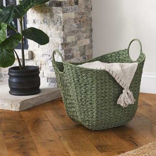 Household Essentials Natural Woven Wicker Storage Basket with Handles - color: Green Paper Rope