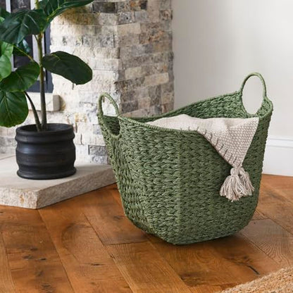 Household Essentials Natural Woven Wicker Storage Basket with Handles - color: Green Paper Rope