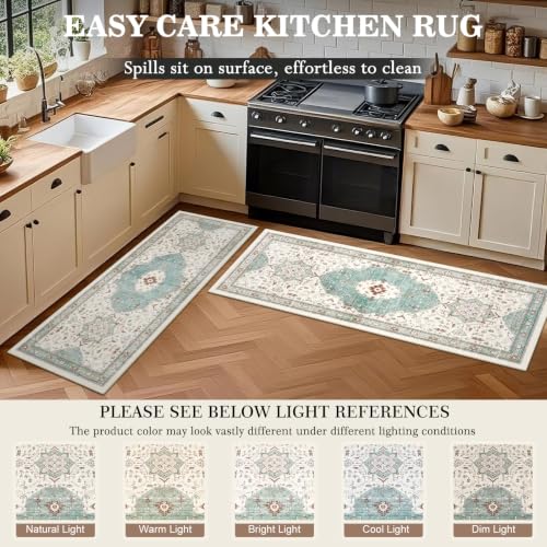 Boho Kitchen Rug Set of 3, Non-Slip Washable Water Green Kitchen Mat - color: Water Green, size: 20"x32"+20"x48"+20"x59"