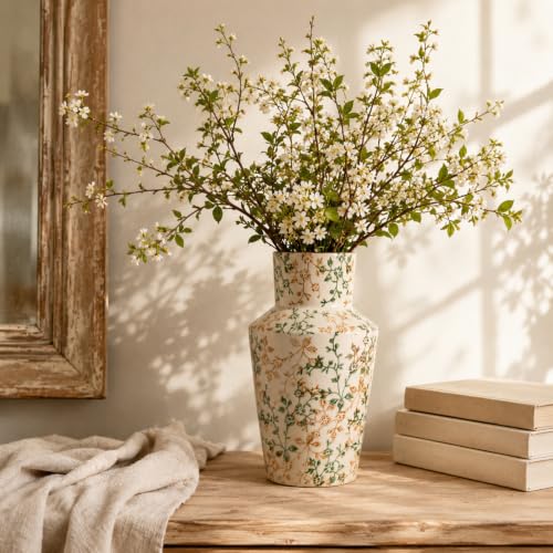 Ceramic Flower Vase, Green Rustic Farmhouse Vase for Home Decor, Vintage Floral Tuscan Decorative Pottery Vase for Living Room & Kitchen, Centerpieces, Mantel & Bookshelf, Entryway, Wedding(10.6 inch) - color: Vintage-05