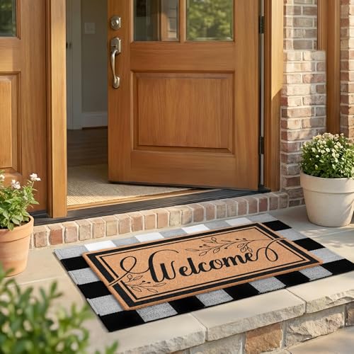 2-Piece Layered Welcome Mat Set - Coir Doormat & Buffalo Plaid Rug - color: Leaf Welcome 2