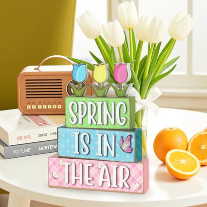 6 Pcs Spring Decorations for Home Wooden Tulips Flower Table Centerpieces Farmhouse Wood Block Signs Pastel Tulip Tabletop Easter Decor Indoor Tiered Tray Office Desk Shelf Mantel Fireplace Kitchen