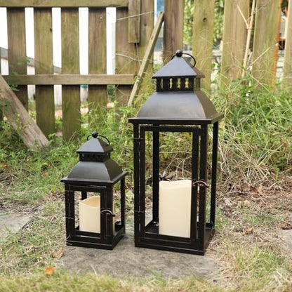 LED 랜턴 장식 야외 및 실내, 2개 세트 (43.2cm(17인치) 및 27.9cm(11인치)) 대형 블랙 메탈 랜턴 장식, 브론즈 브러시 포함, 현관, 파티오, 정원, 발코니, 웨딩 장식용 캔들 홀더(유리 없음) - color: 블랙 브러시 포함 / 43.2cm(17인치)+27.9