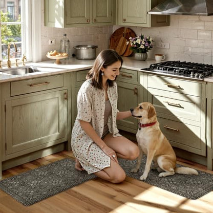 KIMODE Anti Fatigue Kitchen Mat 2PC,Waterproof Farmhouse Green Kitchen Rugs - color: Green/Grey, size: 47"L x 17.3"W x 0.47"Th + 29"L x 17.3"W x 0.47"Th