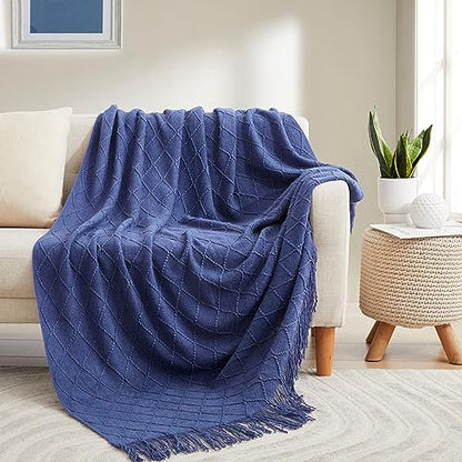 Acrylic Knitted Throw Blanket, Navy, 50 x 60 Inches - color: Navy